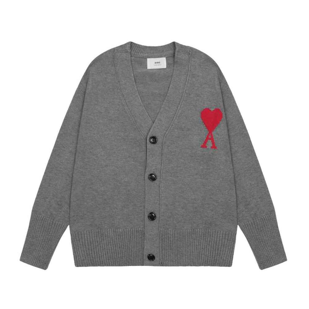 AMI Paris Oversized Grey Unisex Red Heart Cardigan
